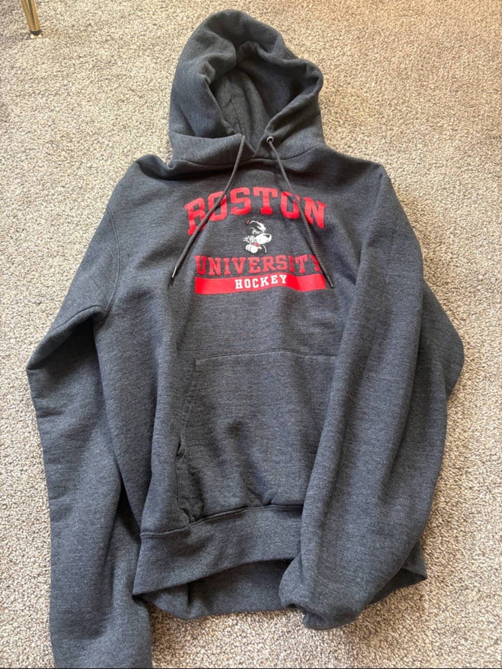 Champion Dark Gray Hoodie with Red Boston University Hockey Logo